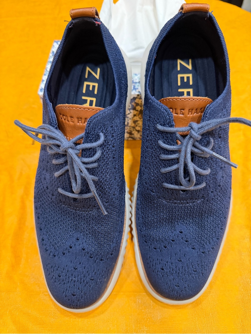 Cole Haan Navy Knit Lace-Up Oxfords with Tan Accents